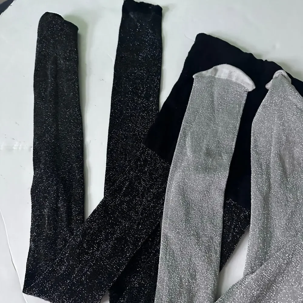 Girls Sparkle Tights Bundle - Black & Silver, Size 6-8